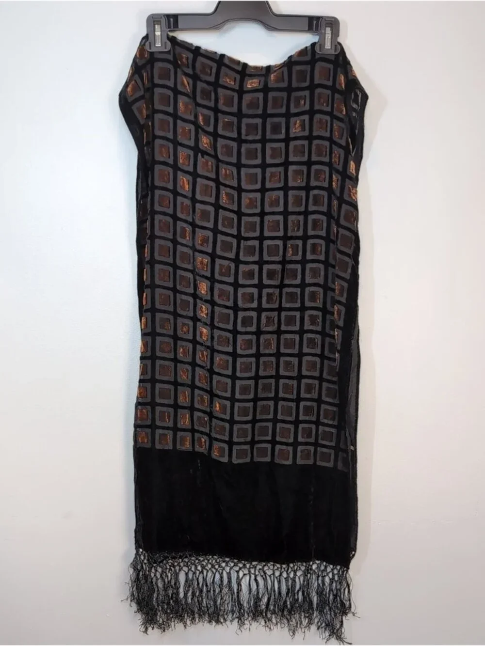 Vintage Y2K Silk Blend Burnout Velvet Scarf Fringe Geo Black Copper Luxe Wrap